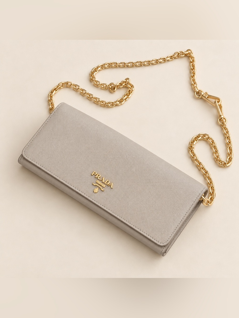 Prada 1MH021 Daino Leather Bianco Cipri Wallet + Chain